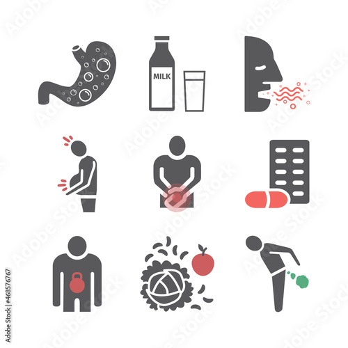 Flatulence banner. Symptoms, Treatment. Flat icons. Vector signs for web graphics.