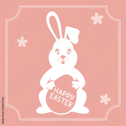 Easter bunny holding Easter egg on pink background. Easter card vector illustration