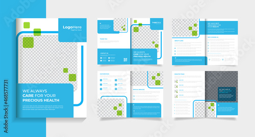 Medical clinic brochure design template 8 pages layout with green & blue shapes vector photo