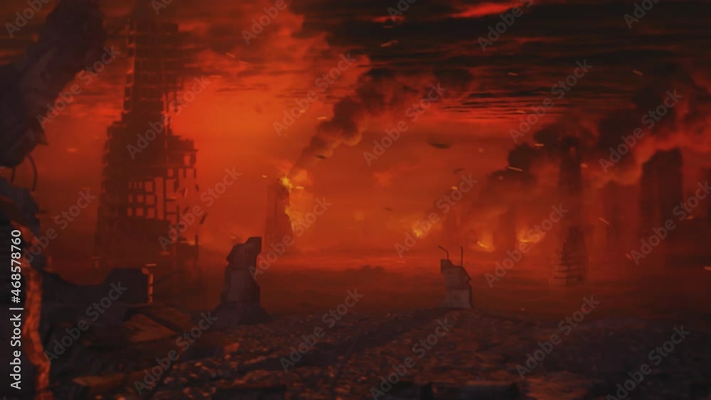 Apocalypse series. Red skies and burning cities, covered by fires, smoke and flying debris. Disaster, nuclear war or asteroid impact landscape. Cinematic, filmic scene.