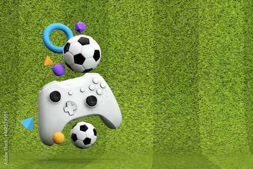 Soccer gaming background. Video game controller with a traditional football ball and grass pitch. 3D Rendering