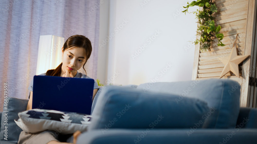 Fototapeta premium ソファーでノートパソコンを使う若い女性