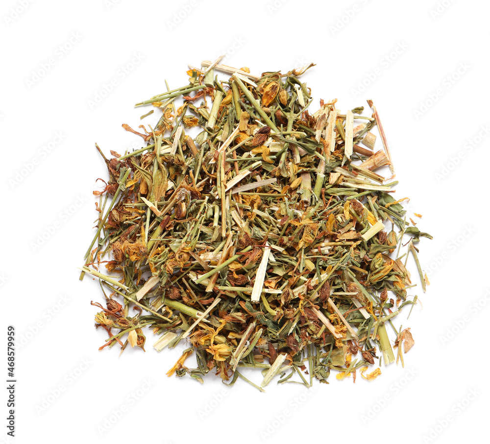 Pile of dry herbal tea isolated on white, top view Pile of dry herbal tea isolated on white, top view