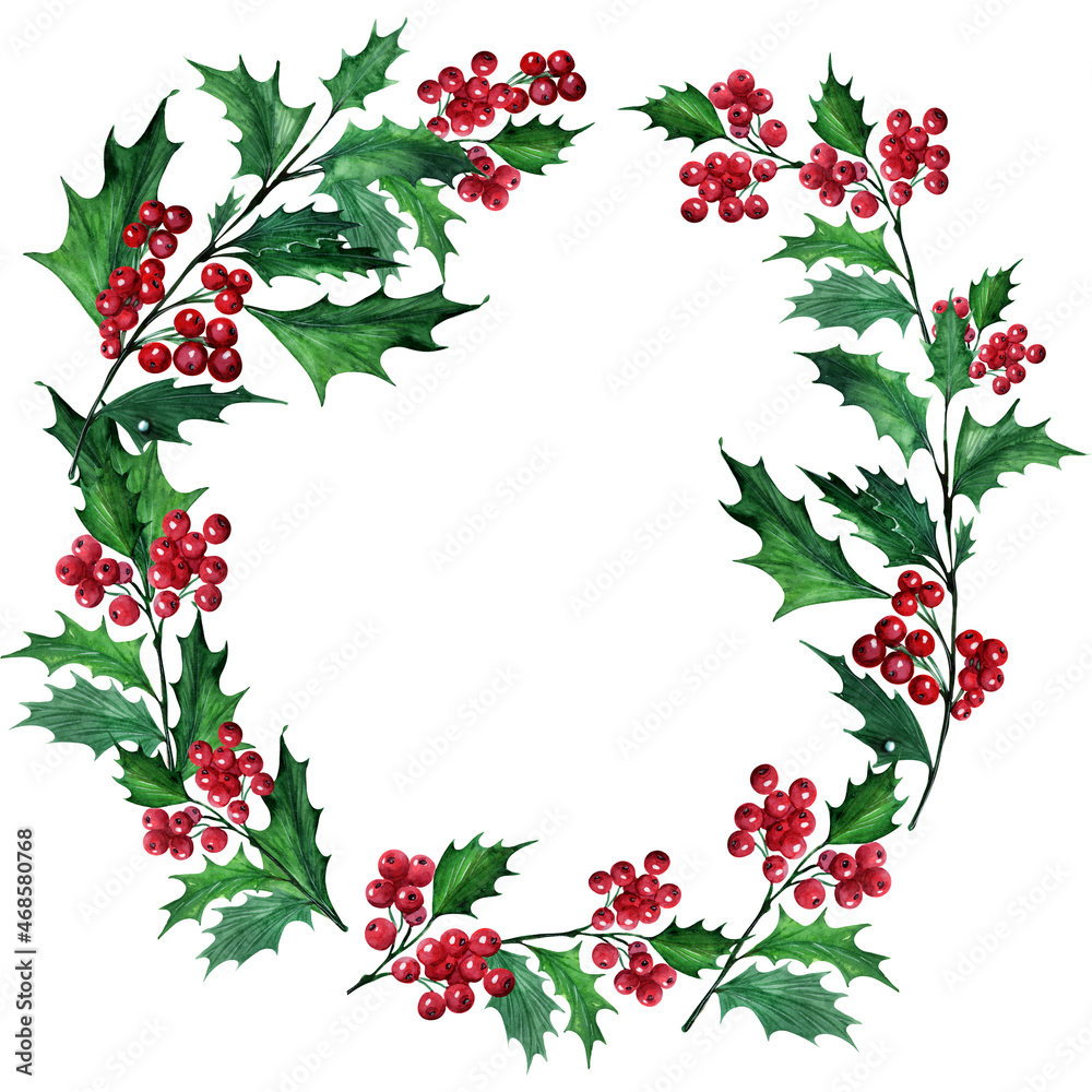 A set of watercolor Christmas frames with a holly plant A set of watercolor Christmas frames with a holly plant
