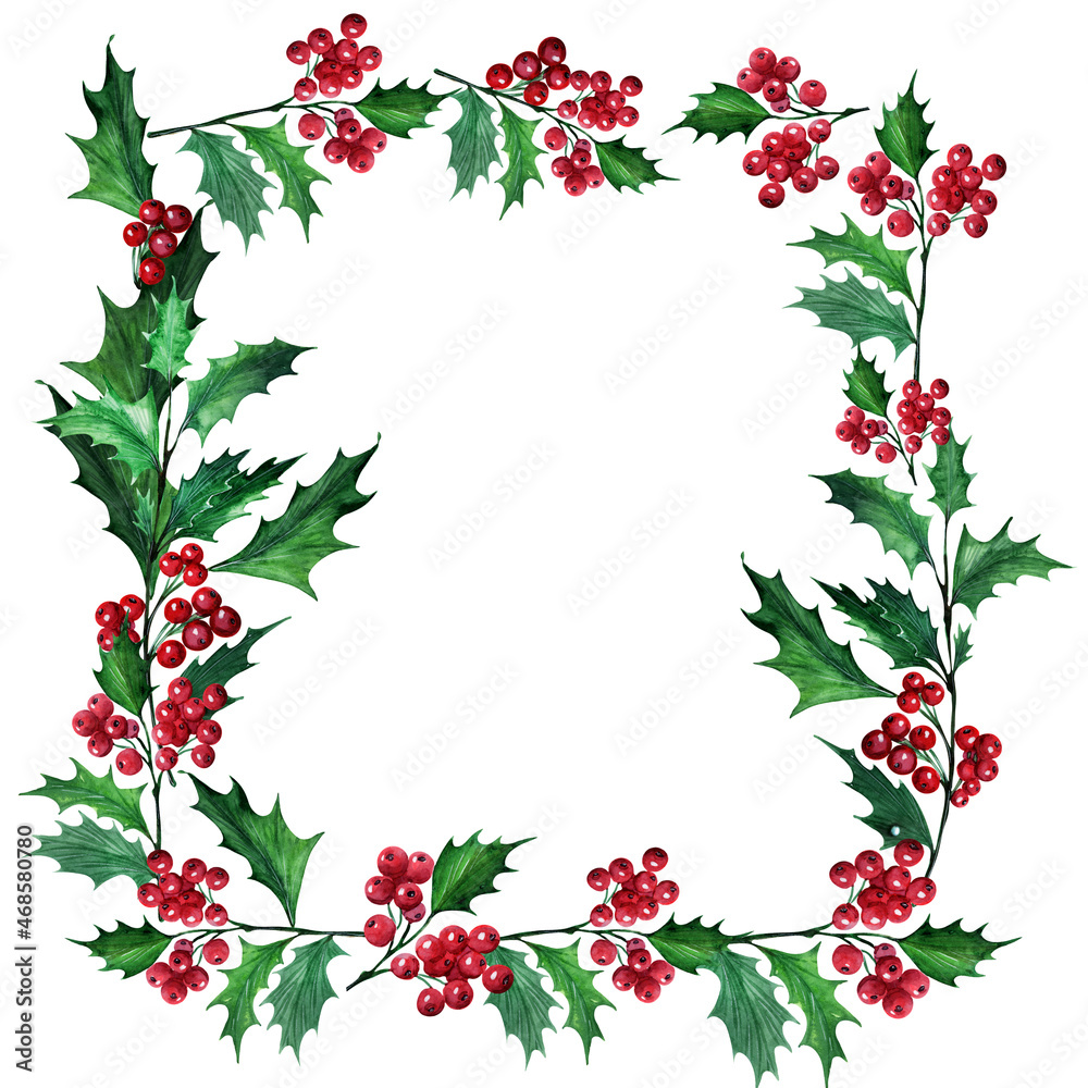 A set of watercolor Christmas frames with a holly plant A set of watercolor Christmas frames with a holly plant
