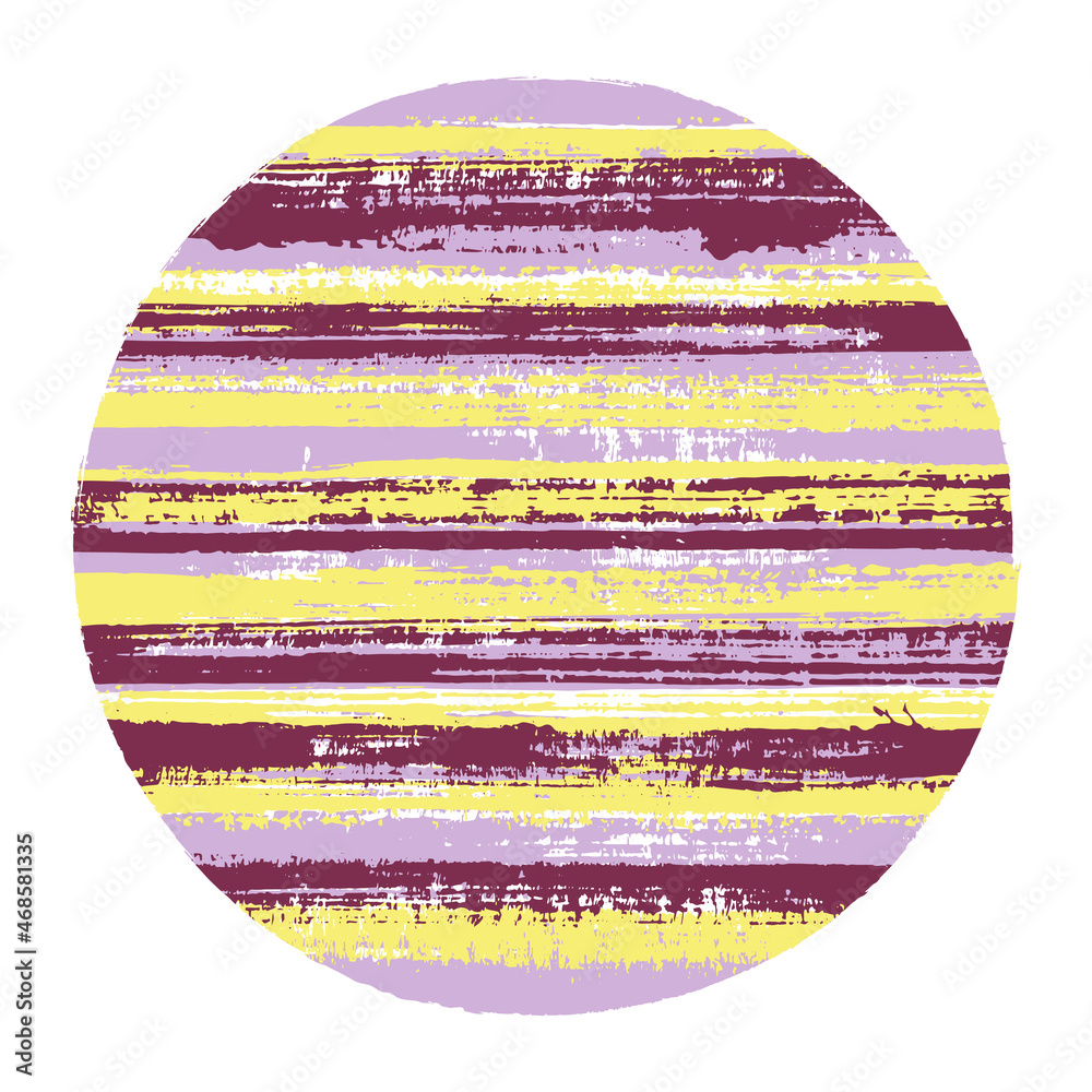 Abrupt circle vector geometric shape with striped texture of ink horizontal lines. Old paint texture disc. Stamp round shape circle logo element with grunge background of stripes.