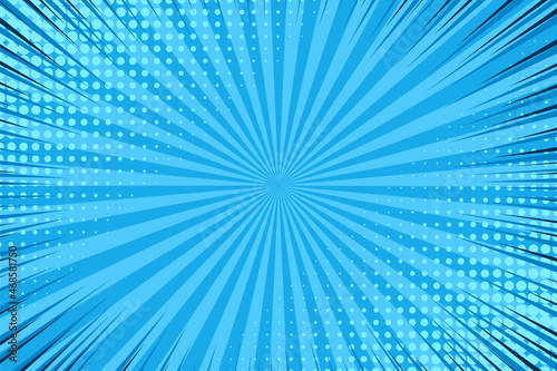 Pop art background. Comic starburst pattern. Blue cartoon print with points, beams and manga frame. Halftone retro duotone banner. Vintage texture. Superhero sunburst backdrop. Vector illustration.