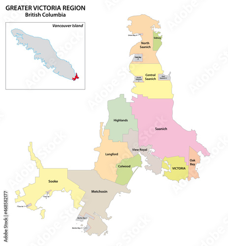 administrative map of the greater Victoria region, Vancouver Island, British Columbia, Canada