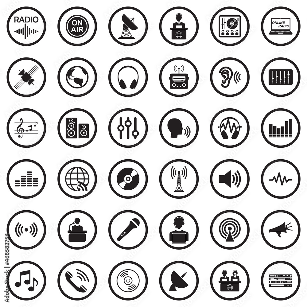 Radio Station Icons. Black Flat Design In Circle. Vector Illustration.