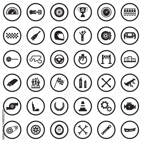 Racing Icons. Black Flat Design In Circle. Vector Illustration.