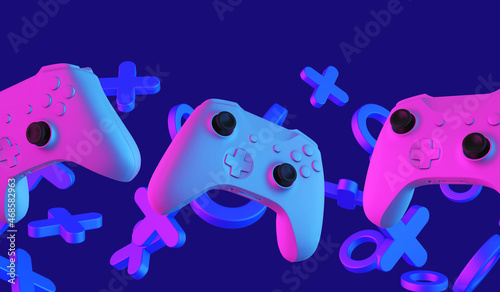 Video game controller and abstract shapes with neon stylized lighting. Gaming concept. 3D Rendering