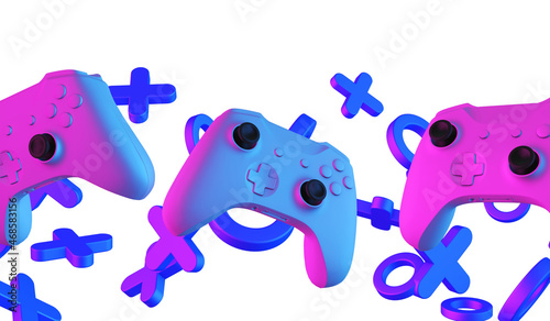 Video game controller and abstract shapes with neon stylized lighting. Gaming concept. 3D Rendering