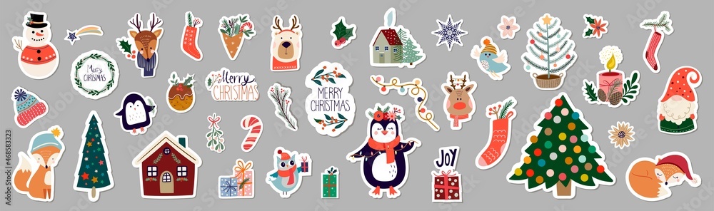 Christmas winter stickers collection with seasonal design, cute animals and elements for scrapbook - obrazy, fototapety, plakaty 