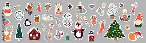 Christmas winter stickers collection with seasonal design, cute animals and elements for scrapbook