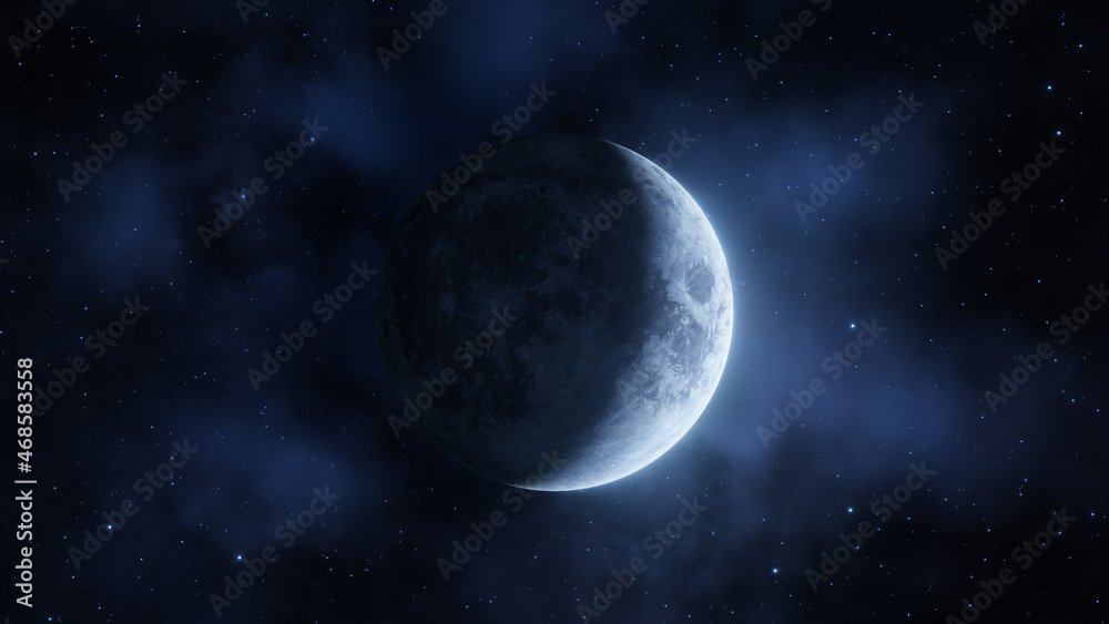 Representation of the moon in a crescent phase on a background of nebulae and stars. Digital illustration.