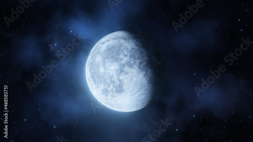 Representation of the moon starting the waning phase on a background of nebulae and stars. Digital illustration