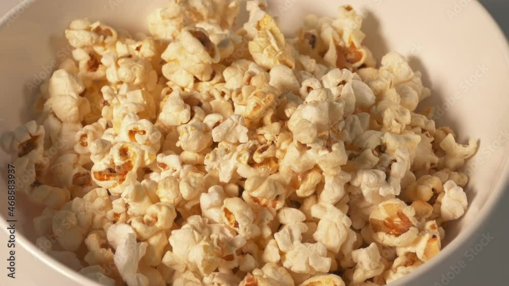 Popcorn Pours Into Bowl Rotating, Party Food Popcorn Pours Into Bowl Rotating, Party Food