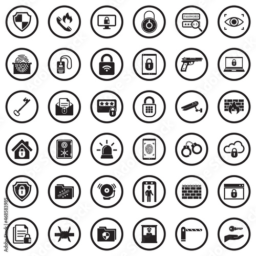 Security Icons. Black Flat Design In Circle. Vector Illustration.