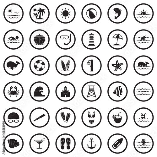 Sea Icons. Black Flat Design In Circle. Vector Illustration.