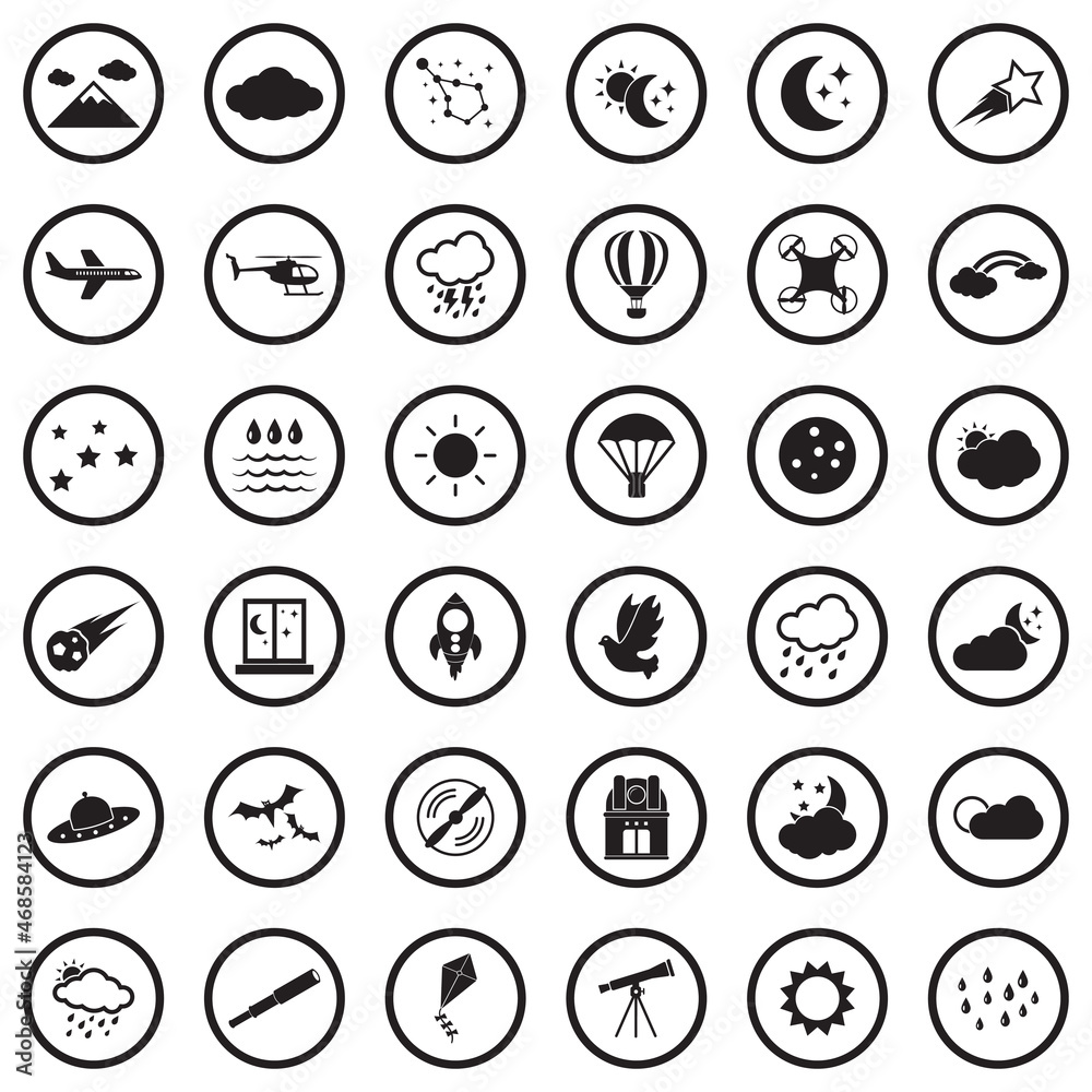 Sky Icons. Black Flat Design In Circle. Vector Illustration. Sky Icons. Black Flat Design In Circle. Vector Illustration.