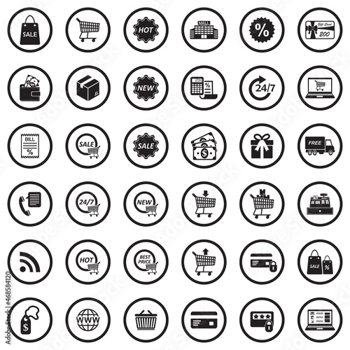 Shopping Icons. Black Flat Design In Circle. Vector Illustration.