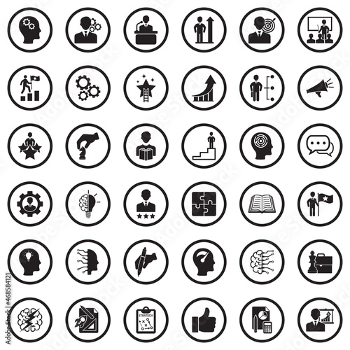 Skill Icons. Black Flat Design In Circle. Vector Illustration.