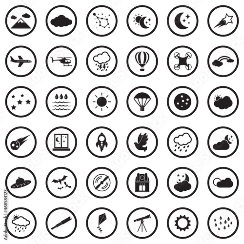 Sky Icons. Black Flat Design In Circle. Vector Illustration.