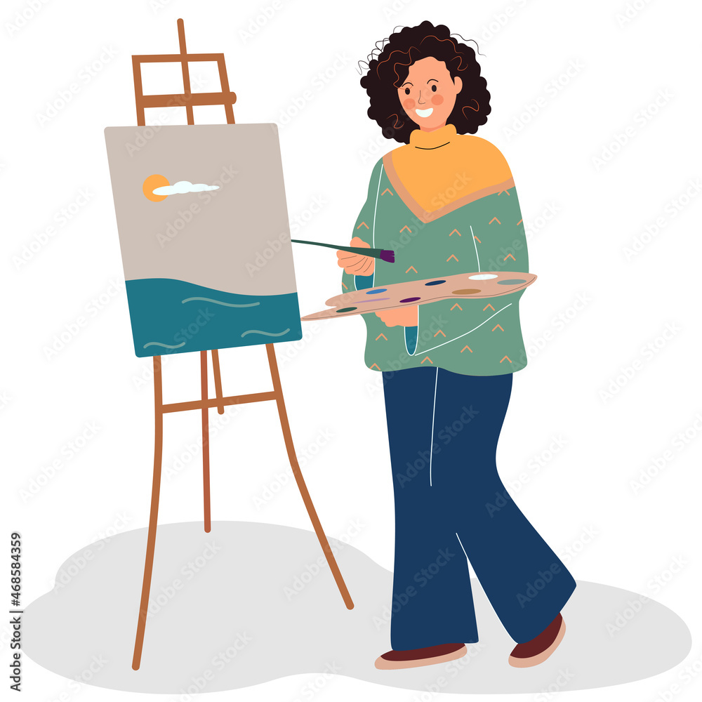 Woman artist painter character in boho style painting landscape picture standing near easel. Vector illustration in flat style