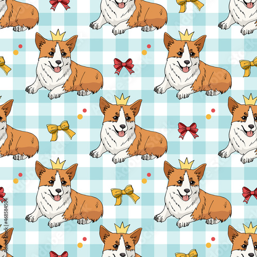 Seamless pattern with cute hand drawn corgi, crowns, bows and circles on light blue and white plaid background. Vector dog illustration. Endless texture with funny cartoon dogs for your design