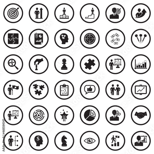 Strategy Icons. Black Flat Design In Circle. Vector Illustration.