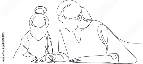 Continuous one line drawing of loving young mother and daughter drawing painting in album or learn to write in notebooks or in writing.Vector