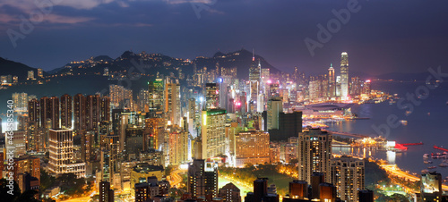 Photography Hong Kong night view of skyline with reflections at victoria harbor