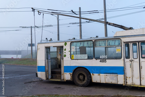 The trolleybus  in the fog