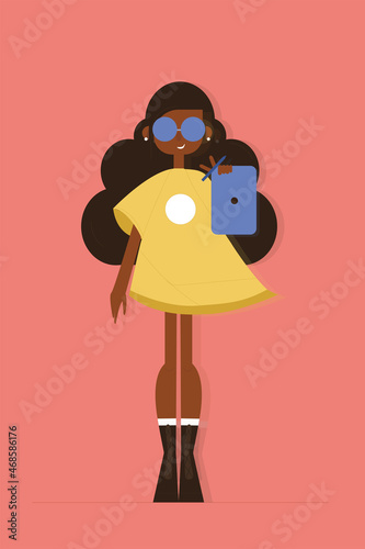 illustration of a cute girl in a yellow dress and tablets in hands, in a flat style