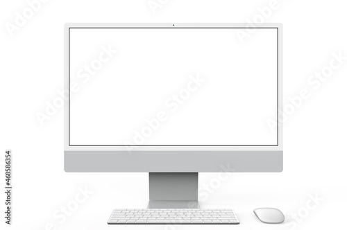 Empty screen Desktop computer, keyboard, mouse 3d rendering front view on the white background
