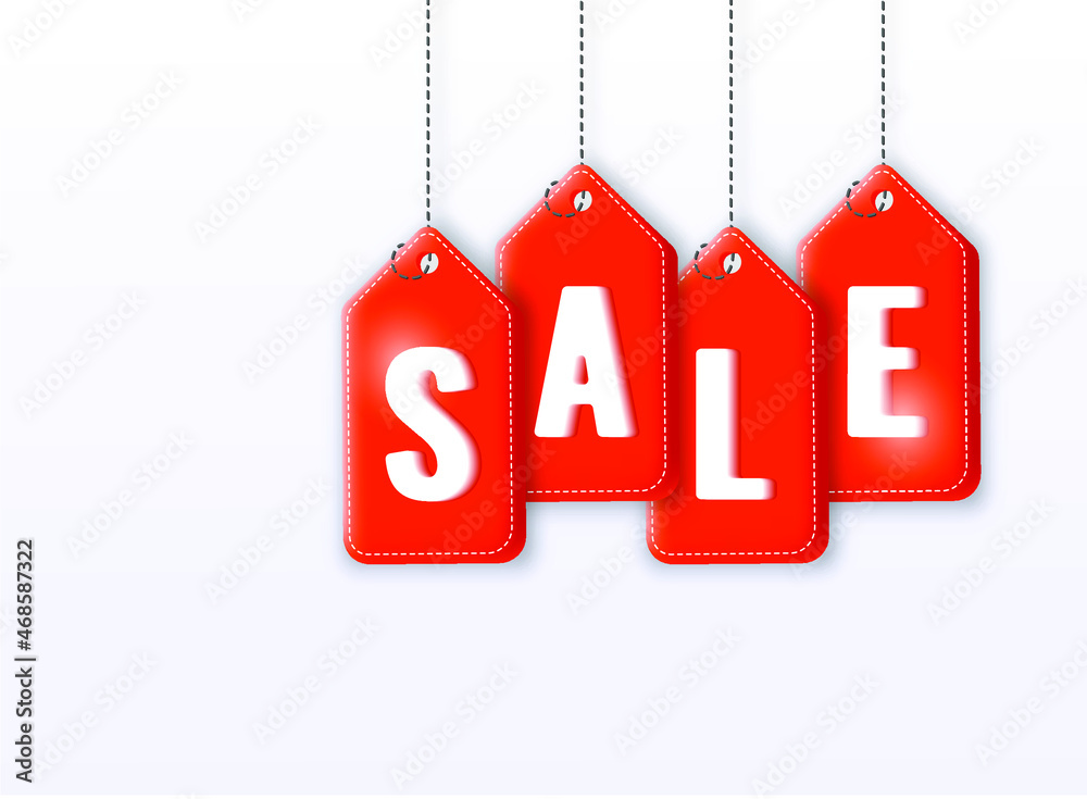 Hanging tickets on a rope with the inscription sale. 3D red sale price tag style banner design. This weekend only. Web button, modern design. 