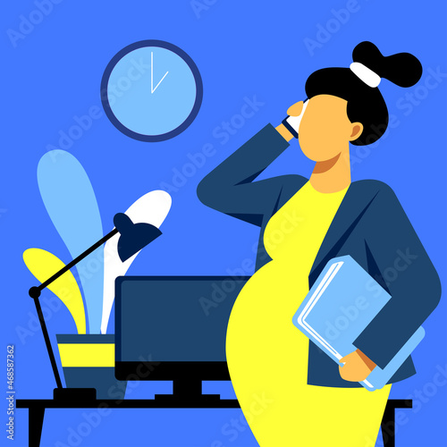 A flat vector image of a pregnant woman speaking by phone in the office. Life and work balance. A woman making career.