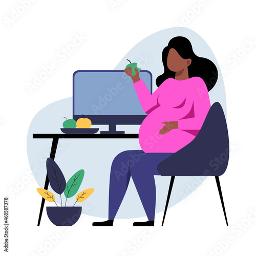 A flat vector image of a pregnant woman eating in the office. Life and work balance. A woman making career.