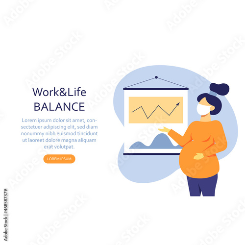 A flat vector image of a pregnant woman while the presentation in the office. Life and work balance. A woman making career.