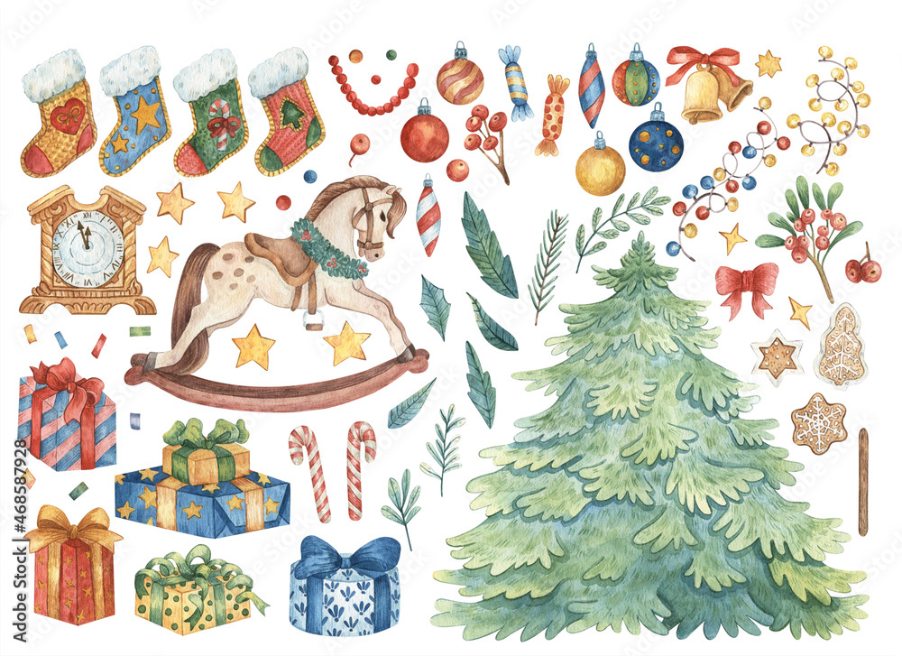 Large set of hand-drawn watercolor Christmas illustrations. Christmas tree, rocking horse, gift boxes, Christmas balls, garlands, sweets, Christmas stocking for design, stickers, decorations.