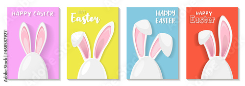 Happy easter greating cards set with egg and cute bunny ears - traditional symbol of holiday. Simple eggs hunt design. Vector illustration for poster, card or banner.