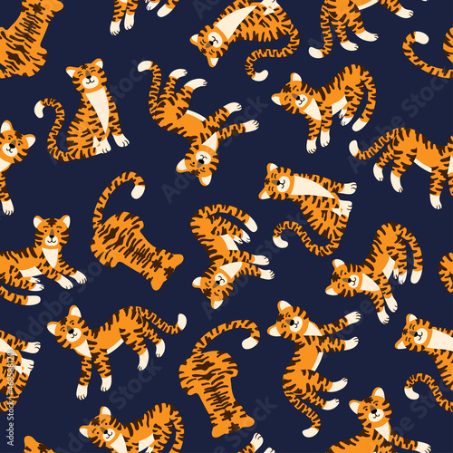 Cute tigers vector seamless pattern. Show of circus animals. Fashionable texture. Design for fabric  wallpaper  wrapping paper  invitation card  scrapbook paper.