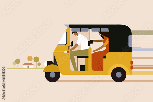Obraz na plátně Illustration of a moving Indian three wheeler auto rickshaw with passengers