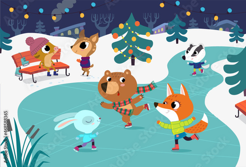 Cute baby animals skate on frozen river. Children have fun in the winter. Little fox, rabbit, badger and bear have fun in the ice rink. Holiday winter background with festive Christmas tree.