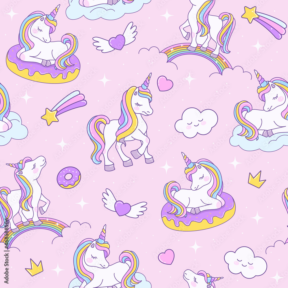 Unicorn seamless pink pattern with unicorns on a rainbow, on a cloud and on a donut. Endless background for textiles, notebooks, cards and children’s birthday celebrations. Vector stock cute texture.