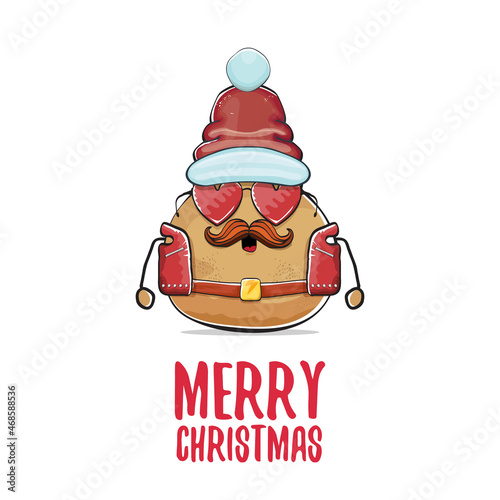 vector rock star santa potato funny cartoon cute character with with red santa hat and calligraphic merry christmas text isolated on white background. rock n roll christmas party poster