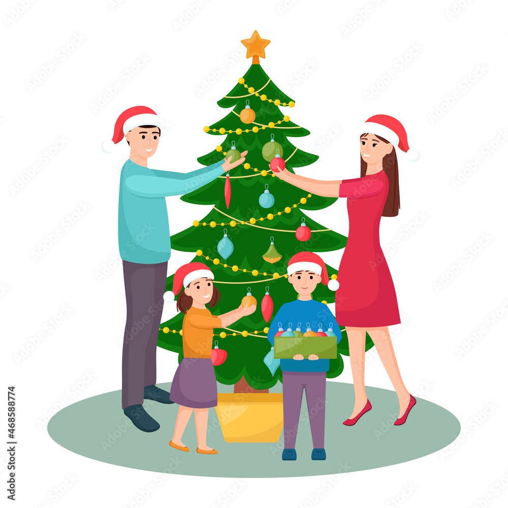 Happy family decorates Christmas tree. Mother, father, daughter and son in Christmas hats decorating fir tree, vector illustration Happy family decorates Christmas tree. Mother, father, daughter and son in Christmas hats decorating fir tree, vector illustration