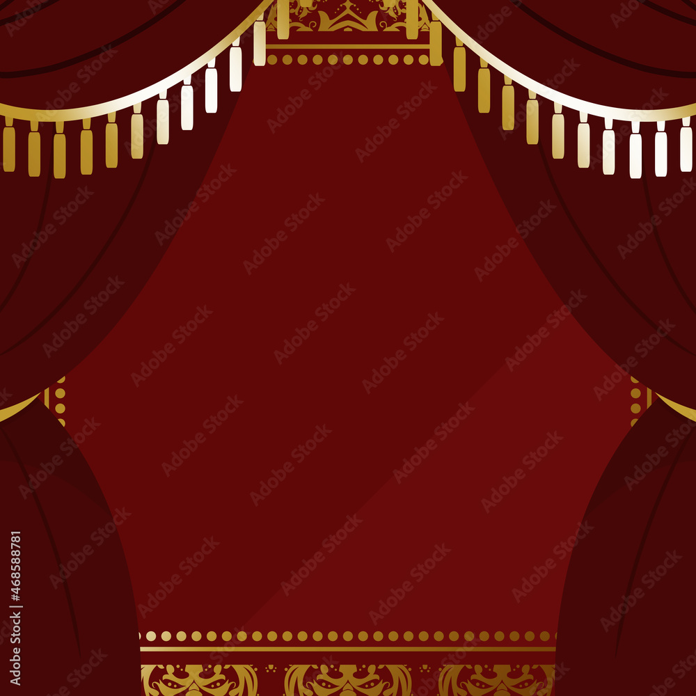 高級感のあるフリンジ付きカーテンとダマスク柄背景 正方形 レッド＆ゴールド Stock Illustration | Adobe Stock