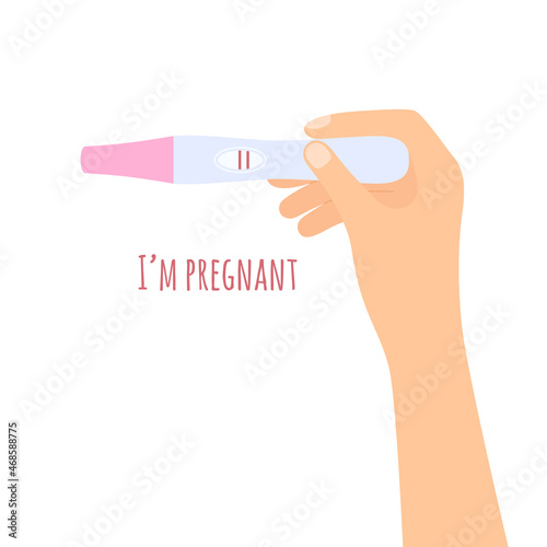 Woman's hand holding positive pregnancy test. Planning baby. Vector illustration