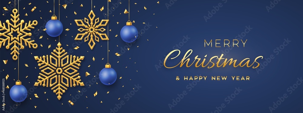 Christmas blue background with hanging shining golden snowflakes and balls. Merry christmas greeting card. Holiday Xmas and New Year poster, web banner. Vector Illustration. - obrazy, fototapety, plakaty 